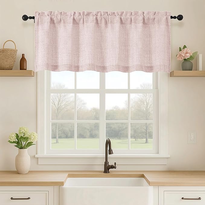 OVZME Blush Pink Valance for Windows, Light Filtering Faux Linen Textured Small Kitchen Valances for Windows, Dual Rod Pocket Farmhouse Short Curtain for Bathroom Basement, 60Wx18L inch, 1 Piece
