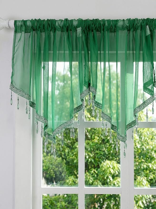 Molaxhome Swag Curtain 51 inch Length Rod Pocket Scalloped Curtain Valance Sheer Lace Panels with Hanging Crystal Beads for Kitchen Bedroom Window Treatments Drape Decor 1pc (DarkGreen, 51Wx23L)