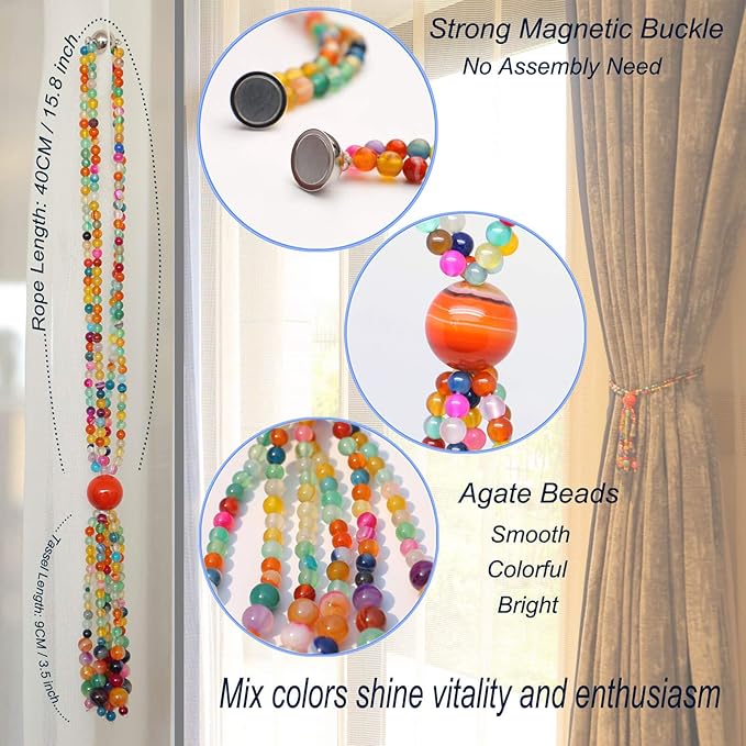 Magnetic Curtain Tiebacks, 2 Pack Colorful Agate Tassel Curtain Drapery Holdbacks, Boho Curtain Ties for Home Office Decorative
