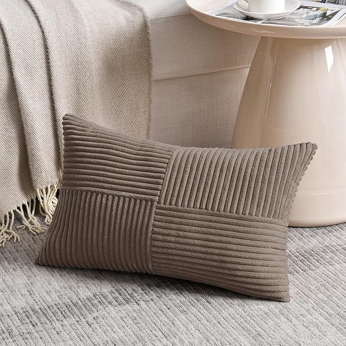 Fancy Homi Set of 2 Light Brown Lumbar Decorative Throw Pillow Covers 16x26 Inch for Living Room Bedroom Couch Bed Sofa, Soft Striped Corduroy Modern Rectangle Accent Cushion Case 65x40 cm