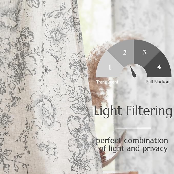 jinchan Linen Blend Curtain Floral Curtains for Living Room 54 Inch Length Grey Printed Curtain Rod Pocket Back Tab Farmhouse Peony Flower Patterned Drapes Bedroom Window Curtains Set 2 Panels