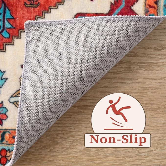SERISSA Boho Area Rug 8x10 Orange, Washable Large Rugs for Living Room, Ultra Soft Non-Slip Bedroom Rug Print Distressed Vintage Tribal Farmhouse Carpet Rug for Dining Room Dorm Office Home Decor