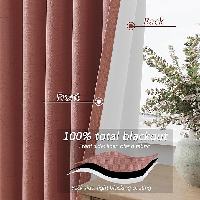 Dusty Rose 100% Blackout Linen Curtains 72 Inch Length 2 Panels Set for Girls Bedroom Back Tab Thermal Insulated Black Out Drapes Room Darkening Farmhouse Style for Bedroom Window Curtains 52x72