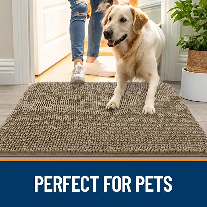 OLANLY Dog Door Mat for Muddy Paws 45x27, Absorbs Moisture and Dirt, Absorbent Non-Slip Washable Doormat, Quick Dry Chenille Mud Mat for Dogs, Entry Indoor Entryway Carpet for Inside Floor, Tan