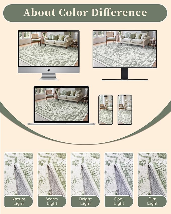 Madane 8x10 Area Rugs for Living Room, Machine Washable Vintage Green Rug with Non-Slip Backing, Soft Throw Large Rug, Thin Carpet for Bedroom Dining Room Farmhouse Under Table, Green/Ivory
