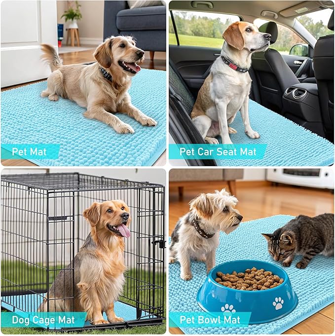 OLANLY Dog Door Mat for Muddy Paws 32x20, Absorbs Moisture and Dirt, Absorbent Non-Slip Washable Doormat, Quick Dry Chenille Mud Mat for Dogs, Entry Indoor Entryway Carpet for Inside Floor, Blue