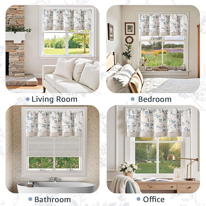 jinchan Linen Kitchen Valance for Windows 16 Inch Floral Double Layer Valance Living Room Laundry Room Darkening Rustic Cottagecore Farmhouse Flower Window Treatment 1 Panel Blue on Linen