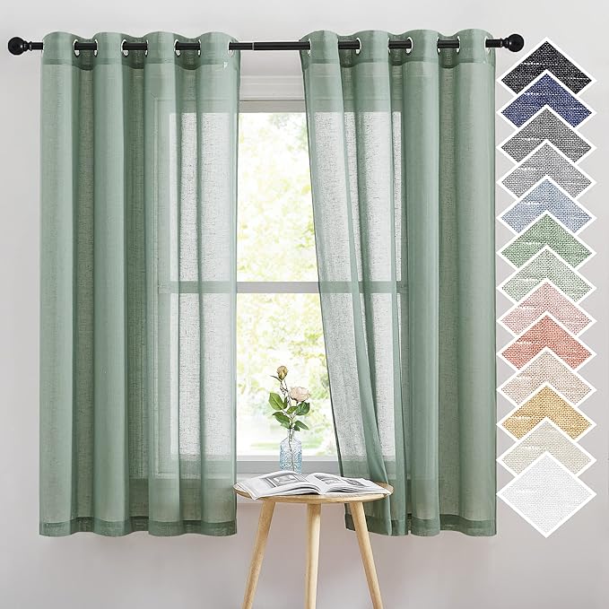 NICETOWN Linen Textured Semi Sheer Curtains, Eyelet Top Bedroom Window Privacy with Light Filtering Flax Linen Blend Sheer Drapes for Bedroom, 2 Panels, Olive Green, W52 x L63
