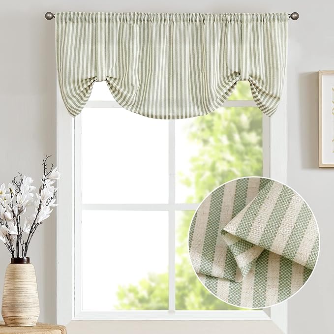 jinchan Tie Up Linen Textured Striped Bow Tie Curtain for Kitchen Bathroom Rod Pocket Pinstripe Valance Window Treatments Ticking Stripe Pull Cord Valance 1 Panel 18 Inch Sage Green on Linen