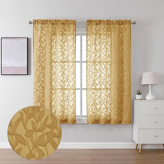 Lecloud Leia Dark Gold Sheer Curtains 54 Inch Length 2 Panels, Light Reducing Jacquard Textured Leaf Voile Bedroom Curtains, Gauzy Drapes with Dual Rod Pocket, 40 W x 54 L
