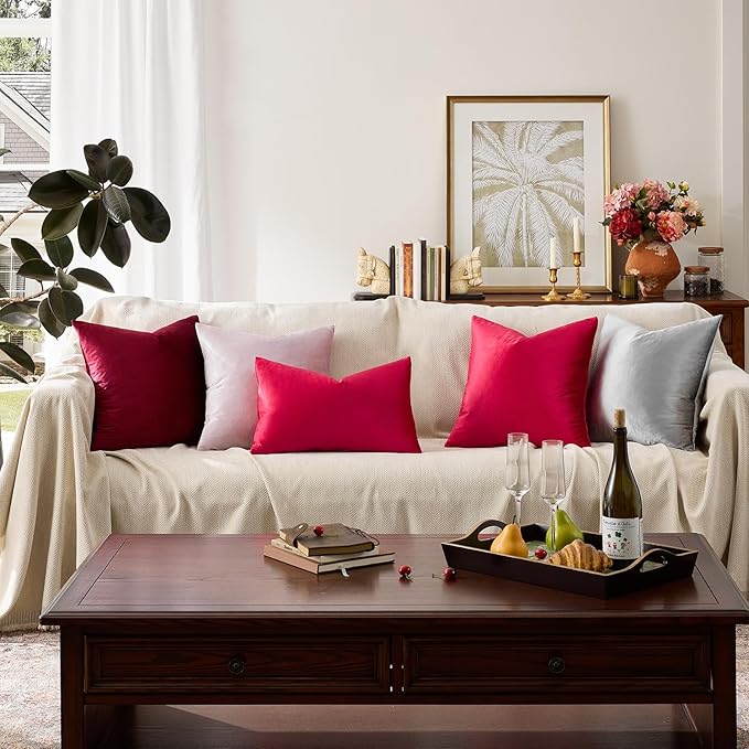 GIGIZAZA Red Velvet Decorative Throw Pillow Covers for Sofa Bed 2 Pack Soft Cushion Cover 20x20
