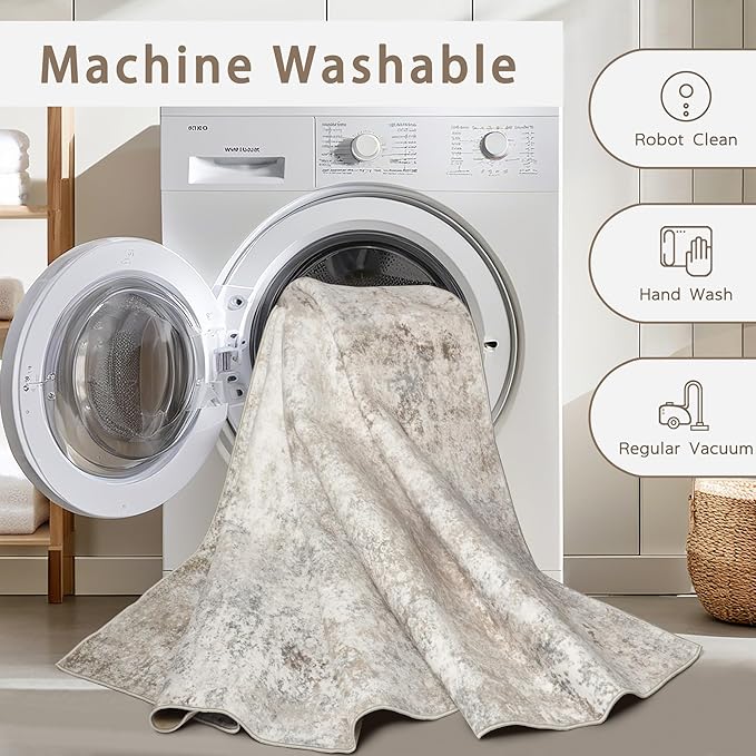 Washable Rugs 6x9 Area Rugs for Living Room,Modern Abstract Rugs for Bedroom,Large Carpets,Ultra Soft Faux Wool Retro Dining Room Rug,Non Slip&Non-Shedding Low Pile Print Rug- Beige Grey