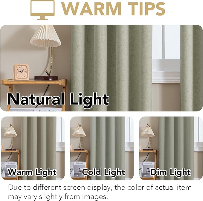 H.VERSAILTEX Linen Curtains 100% Blackout Curtains for Bedroom 84 inch Long Full Light Blocking Nature Linen Blended Window Curtains for Living Room Nickel Grommet (2 Panels, Heathered Tea)