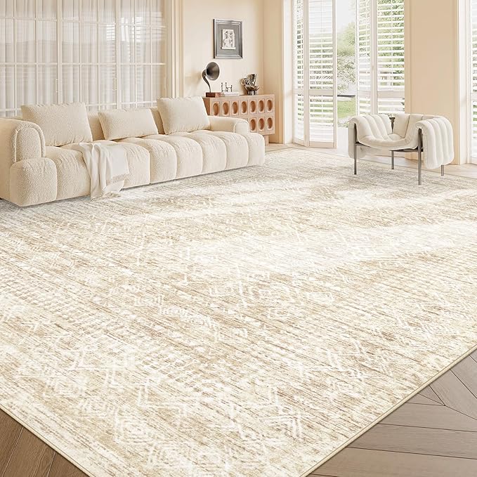 Living Room Rugs 9x12: Washable Moroccan Geometric Boho Rug Farmhouse Non Slip Stain Resistant Large Rug Low Pile Soft Carpet for Bedroom Dining Room Children Room (Beige,9'x12')