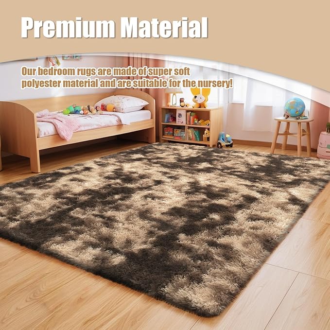 Shag Area Rug for Bedroom 4x6,Fluffy Area Rugs for Living Room,Soft Fuzzy Rug Non-Shedding Indoor Plush Carpet for Kids Bedroom Nursery Dorm Home Decor,Tie-Dyed Coffee