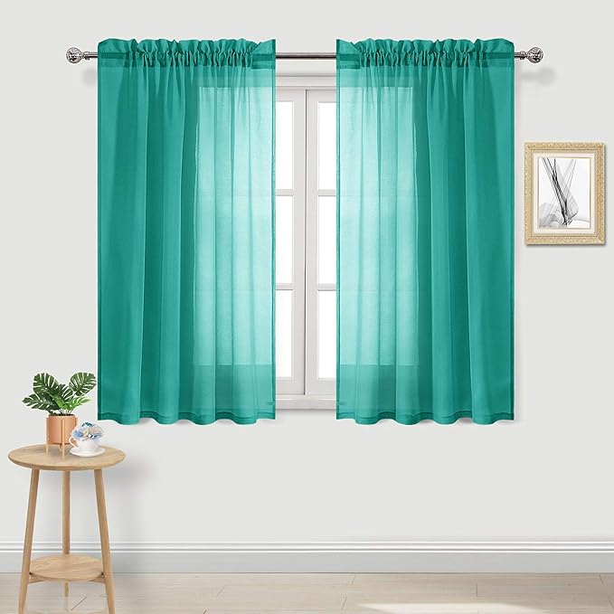DWCN Teal Sheer Curtains Semi Transparent Voile Rod Pocket Curtains for Bedroom and Living Room, 52 x 45 inches Long, Set of 2 Panels
