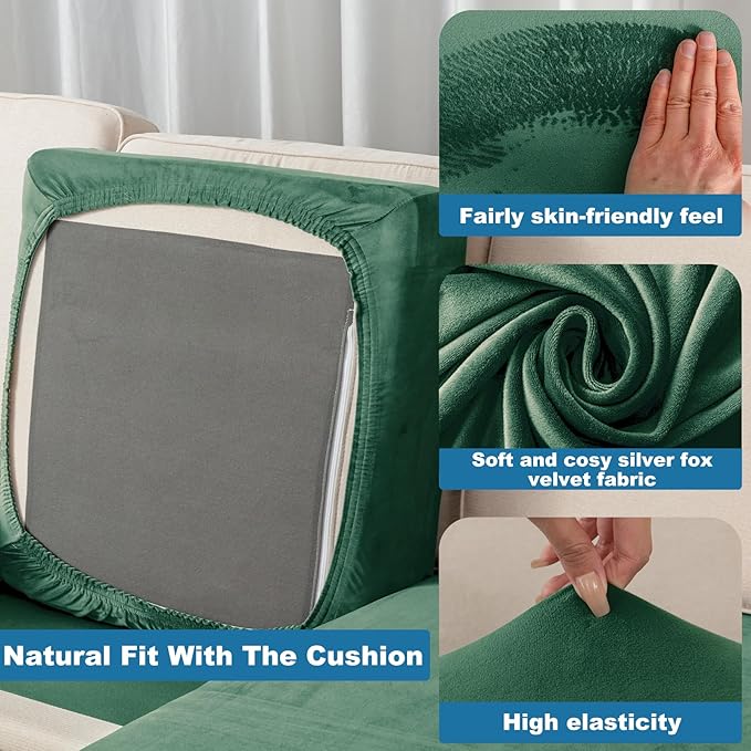 Couch Cover Stretch Velvet Sofa Cushion Cover 2-Piece - Elastic Washable Slipcover for Seat or Backrest, Couch Seat Covers for Sofas (Christmas Green)