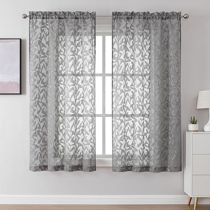 Lecloud Leia Charcoal Grey Sheer Curtains 63 Inch Length 2 Panels, Rustic Light Filtering Privacy Voile Leaf Aesthetic Curtain, Dual Rod Pockets Drapes for Living Room Dining Room, Each 42" W x 63" L