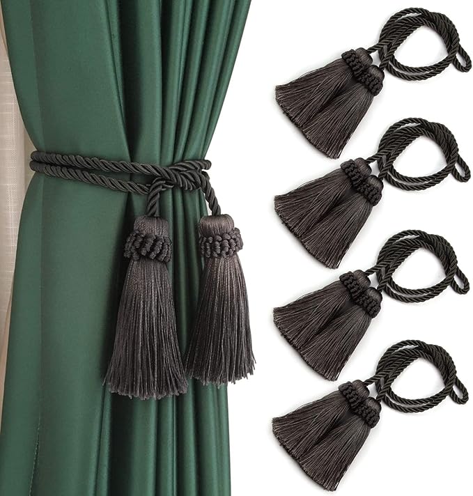 Fenghuangwu Curtain Tiebacks Handmade Decorative Curtain Holdbacks Rope with Tassel (Charcoal, 4P)