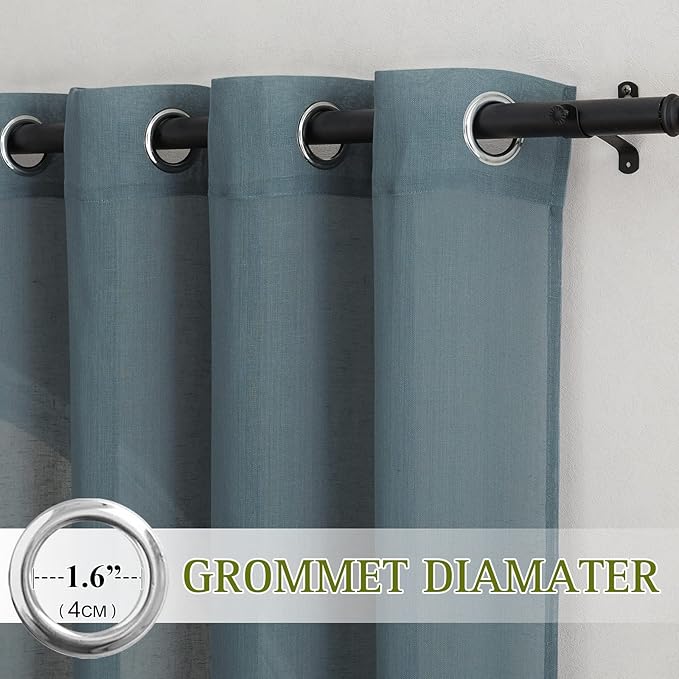 NICETOWN Sheer Linen Curtains 84 inch Long for Bedroom, (Smoke Blue) Grommet Privacy Semitransparent Light Filtering Flax Sheer Window Treatment for Living Room, W52 by L84, Set of 2