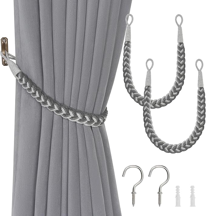 NICEEC 2 Pack Natural Cotton Rope Curtain Tiebacks Elegant Boho Style Decorative Drape Tie Backs Soft Hand-Woven Rope Curtain Holdbacks with Metal Hook for Home & Office Drapery (Gradient Grey)