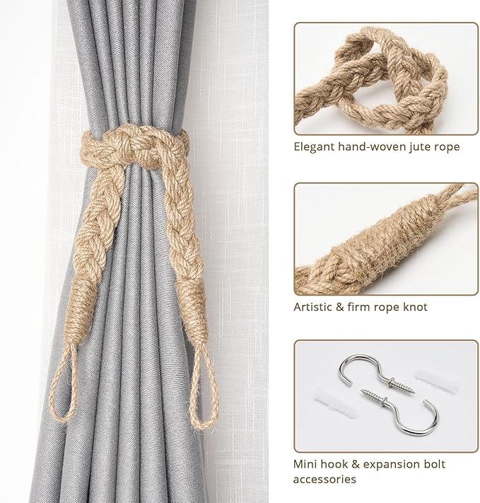 NICEEC 2 Pack Natural Jute Rope Curtain Tiebacks Elegant Boho Style Decorative Drape Tie Backs Soft Hand-Woven Rope Curtain Holdbacks with Metal Hook for Home & Office Drapery (Jute)