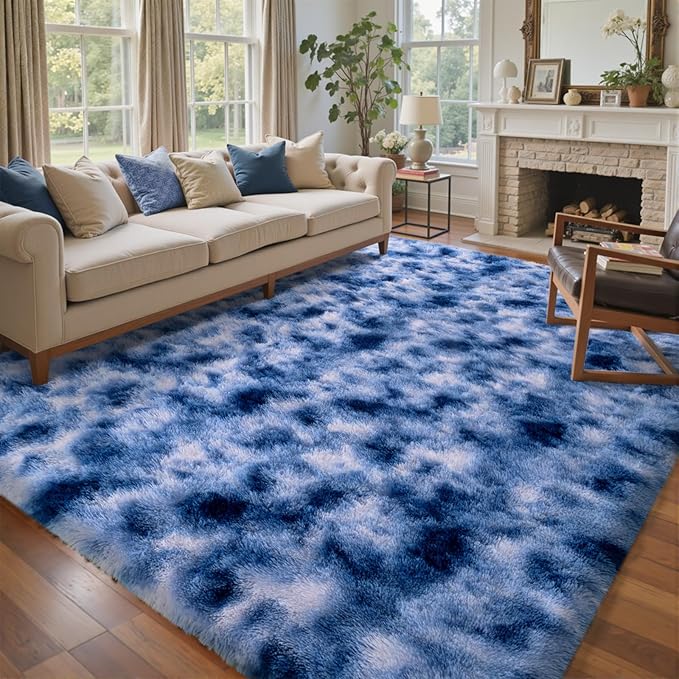 9x12 Ft Extra Large Shag Rugs for Living Room, Ultra Soft Fluffy Furry Area Rugs for Bedroom Indoor Floor, Aesthetic Carpet for Kids Home Decor (Blue)