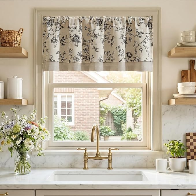 jinchan Amlie Floral Linen Valance Curtain Farmhouse Kitchen Valance for Living Room Laundry Light Filtering Double Layer Cottagecore Window Treatment Rod Pocket 1 Panel 16 Inch Charcoal on Linen