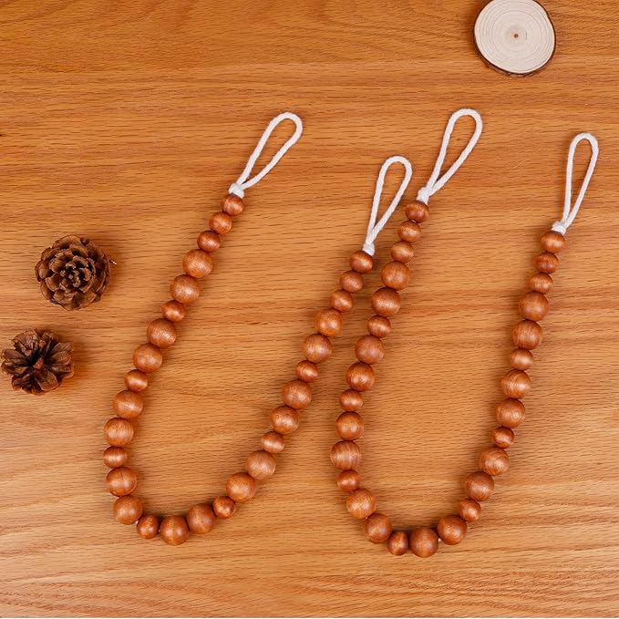 Wood Bead Curtain Tiebacks, KLOGTSIND Set of 2 Curtain Holdbacks for Thin or Thick Window Draperies, Boho Farmhouse Curtain Tiebacks with Hooks, Curtain Tie Backs for Home Office Room Decor