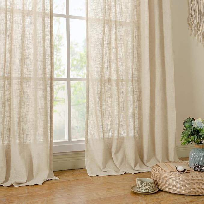 LAMIT Light Filtering Linen Curtains 68 inches Long for Bedroom, Faux Linen Textured Semi Sheer Back Tab and Rod Pocket Boho Modern Drapes for Living Room/Farmhouse, Linen, 2 Panels, 52 x 68 Inch
