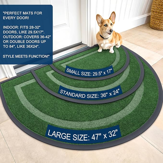 OLANLY Half Circle Door Mat Indoor Outdoor Entrance Welcome, Waterproof All-Season, All-Weather Doormat, Sturdy Natural Rubber, Low Profile, Easy Clean Patio Porch Entryway Mat, 47x23, Green