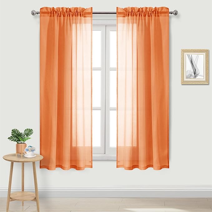 DWCN Sheer Orange Curtains 63 inch Length 2 Panels Set, Rod Pocket Solid Color Gauzy Window Treatments Lightweight Breathable Panels for Bedroom/Kitchen/Living, 2pcs, W42 x L63