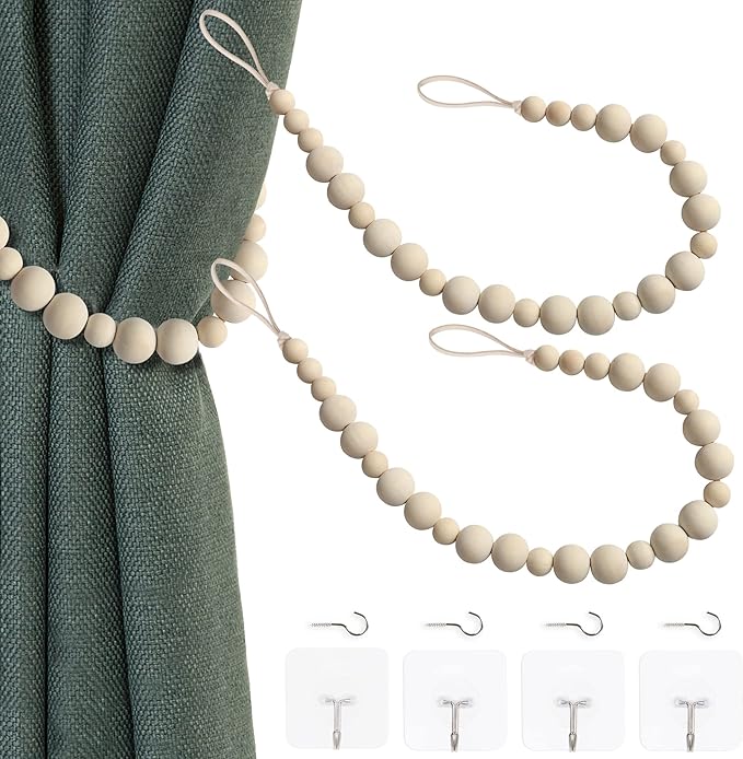 OCIOLI 2 Pieces of Wood Bead Curtain Tieback Boho Curtain Tiebacks Curtain Holdbacks for Wall Curtain Ties Curtain Tie Backs with Hooks for Boho Decor Bedroom Decor Nursery Decor (Wood Color,2)