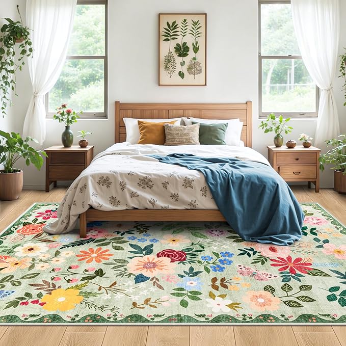 8x10 Area Rugs for Living Room: Floral Washable Rug Vintage Large Soft Boho Non-Slip Carpet Indoor Stain Resistant Low Pile Carpets for Bedroom Dining Room Farmhouse Nursery Hallway Home Office Green