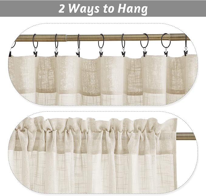 RYB HOME Window Toppers Valances - Semi Sheer Valances Pleated Rod Pocket Linen Textured Fabric Window Dressing for Kitchen, Kids Room Short Drapes, Warm Beige, W 52 x L 18 Each Panel, Set of 2