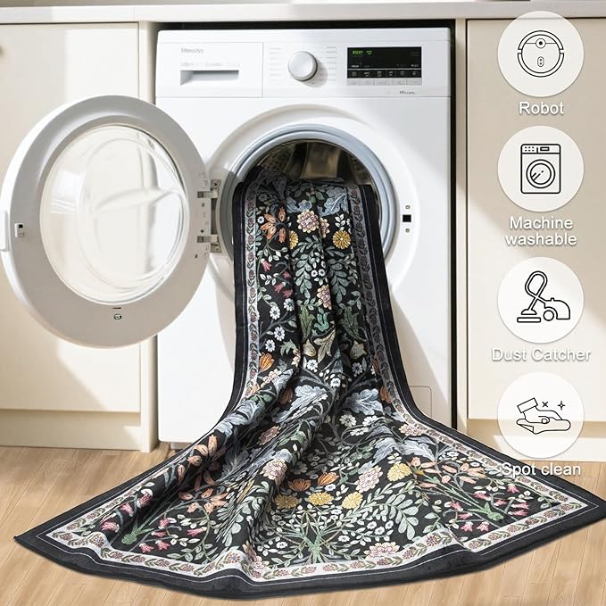 Area Rug Living Room Rugs: Floral 4x6 Washable Rug Vintage Soft Boho Non-Slip Carpet Indoor Floor Stain Resistant Large Carpets for Bedroom Dining Room Farmhouse Nursery Hallway Home Office Dark Black