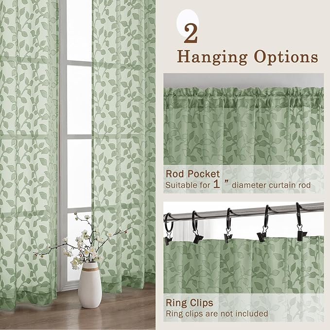 Chyhomenyc Sage Green Sheer Valances for Windows 14 Inch Length 2 Pcs, Light Filtering Leaf Textured Cafe Short Kitchen Curtains, Top Small Curtain for Living Room Bedroom Basement, 42" W x 14" L