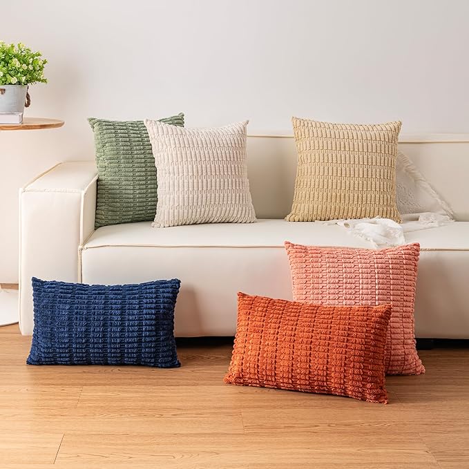 Pack of 2 Corduroy Decorative Throw Pillow Covers 24x24 Inch Soft Striped Pillow Covers Modern Farmhouse Home Decor for Sofa Living Room Couch Bed（Blue）