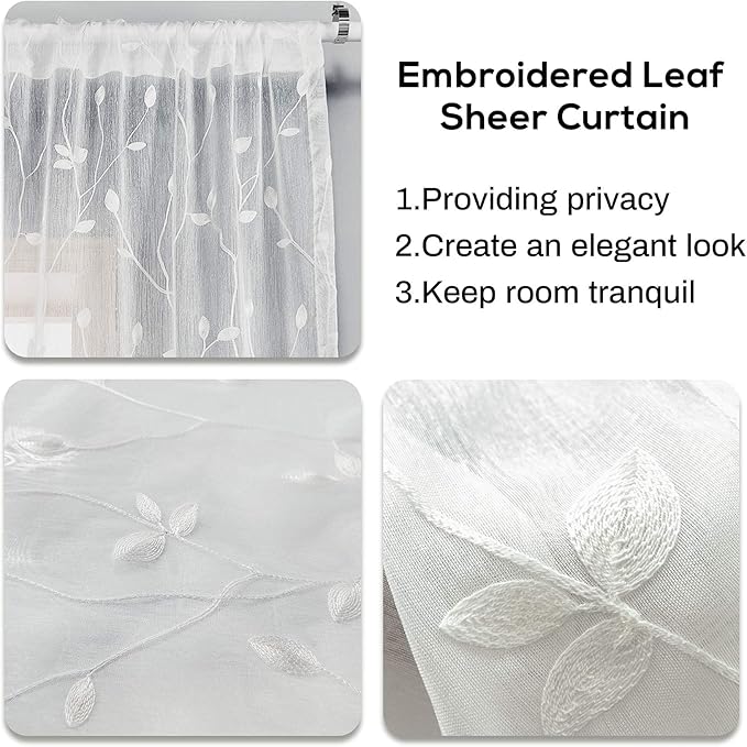 AmHoo 2 Panels Embroidered Leaf Pattern Semi Sheer Curtains Foliage Floral Voile Window Draperies Treatment for Bedroom Living Room Rod Pocket White 53 x 63 Inch