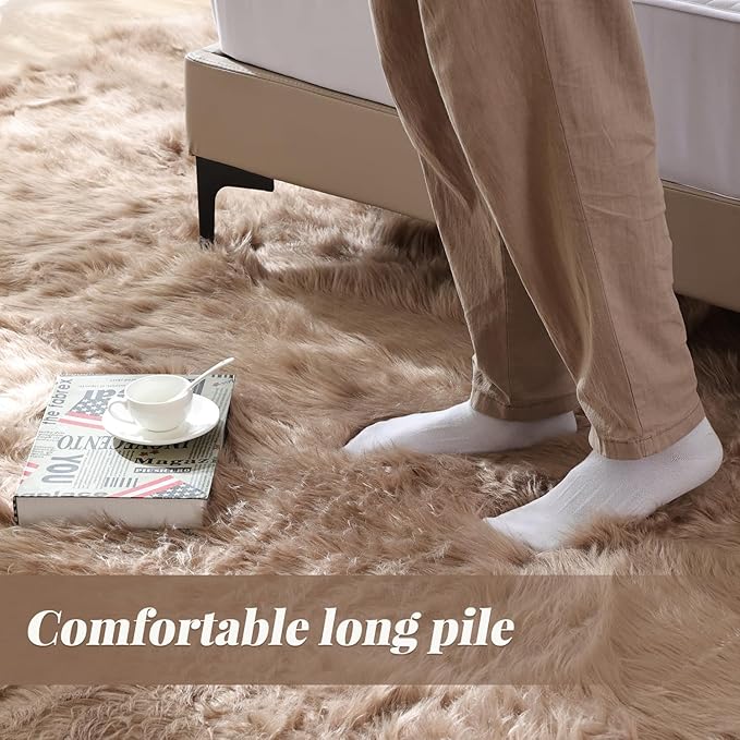 ORINOVA Beige 5x7 Area Rug Washable Shaggy Faux Sheepskin Fluffy Fur Rug for Bedroom Living Room Nursery Rug Teen Room Home Décor