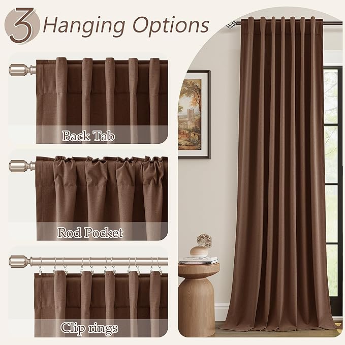 Guken 100% Blackout Curtains 72 Inch Length 2 Panels Set for Living Room Bedroom Back Tab Thermal Insulated Black Out Linen Drapes Room Darkening Window Curtains 72 Inches Long,Rustic Brown
