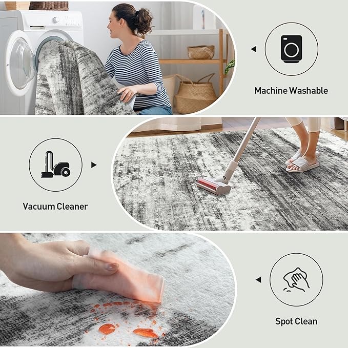 5x7 Area Rugs Washable Rug: Modern Abstract Living Room Rug Soft Anti-Skid Thin Carpet Indoor Floor Non-Shedding Carpets for Bedroom Dining Room Farmhouse Nursery Home Office - Black Grey
