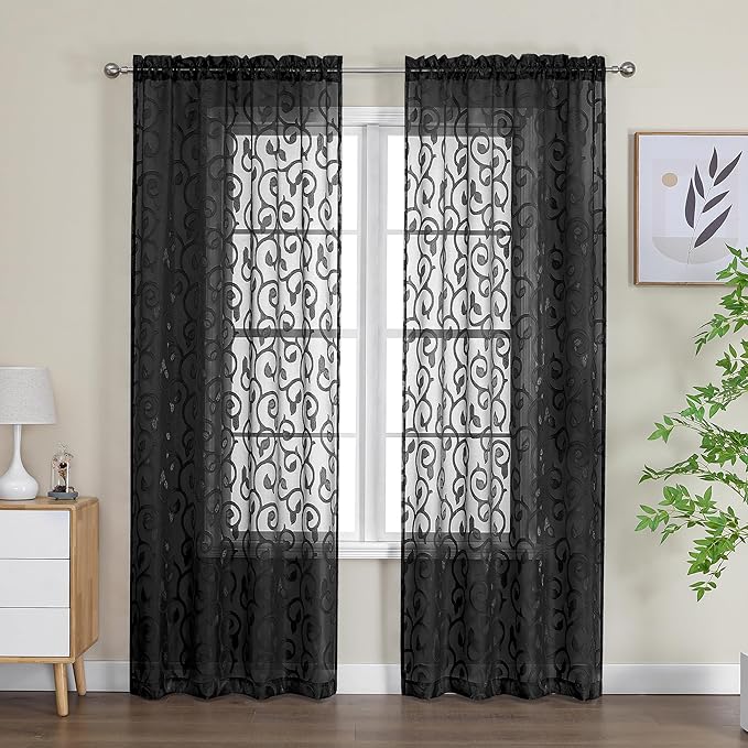 OWENIE Furman Extra Long Sheer Black Curtains 96 inches Long for Bedroom Living Room 2 Panels Set, Light Filtering Soft Semi Sheer Jacquard Clip Farmhouse Curtains Rod Pocket Design, 52Wx96L inch