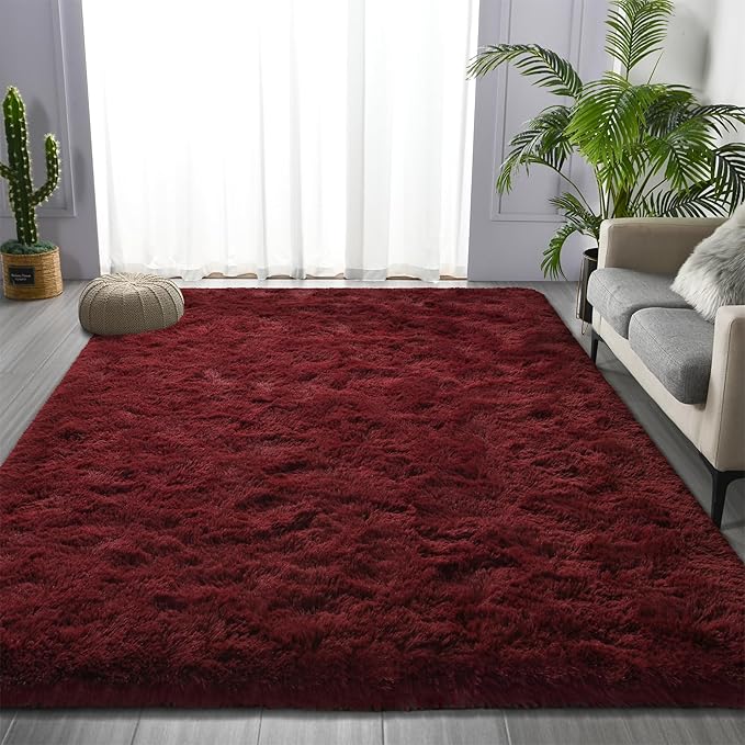 Large Shag Area Rugs 5 x 8, Plush Fuzzy Rugs for Living Room, Ultra Soft Fluffy Furry Rug for Bedroom, Indoor Carpet Nursery Rugs for Kids Room Home Decor, Burgundy