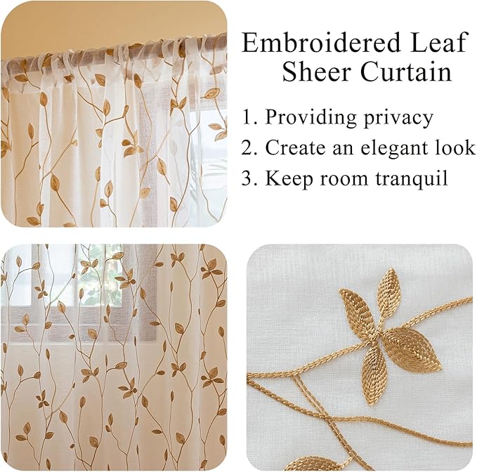 AmHoo 2 Panels Embroidered Leaf Pattern Semi Sheer Curtains Foliage Floral Voile Window Draperies Treatment for Bedroom Living Room Rod Pocket White Taupe 53 x 63 Inch