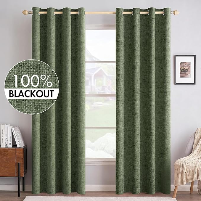 MIULEE 100% Blackout Linen Textured Curtains for Bedroom Solid Thermal Insulated Olive Green Grommet Room Darkening Curtains & Drapes Luxury Decor for Living Room Nursery 52 x 72 Inch (2 Panels)