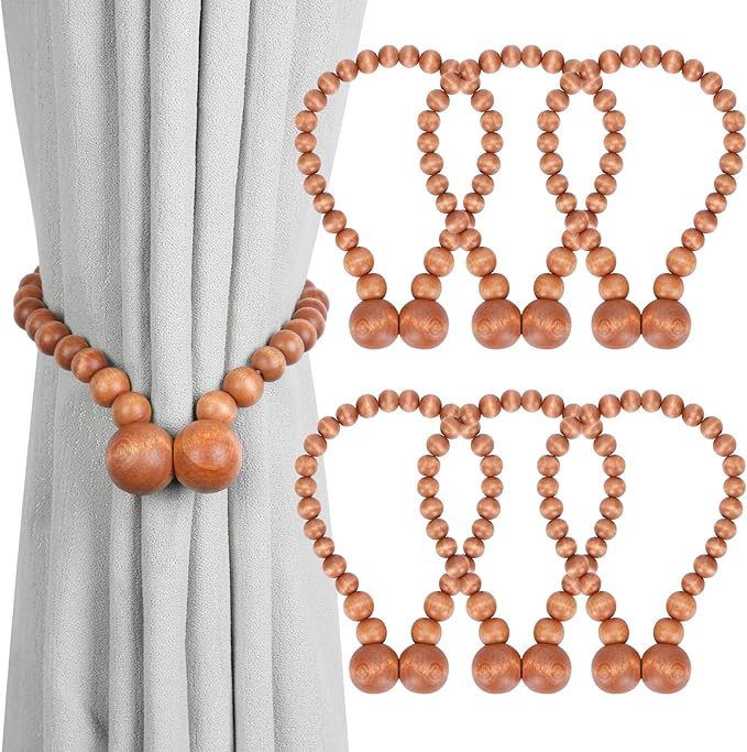 KLOGTSIND Magnetic Curtain Tiebacks, Curtain Tie Backs for Curtains 6 Pack, Wood Bead Curtain Tiebacks, Curtain Holders for Boho Bedroom Decor, Baby Nursery Decor, Farmhouse Decor