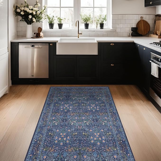 Vintage Dark Blue 4x6 Area Rugs for Large Entryway, Bedroom Beside Rug, Kitchen, Mudroom, Non-Slip Low Pile Ultra Soft Stain Resistant Small Floral Carpet