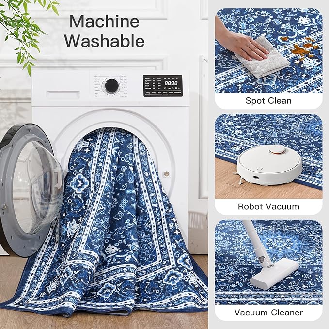 Lofus 8x10 Area Rugs for Living Room, Machine Washable Non-Slip Area Rug, Low Pile Large Rugs for Bedroom, Kitchen, Dining Room, Home Office, Vintage Oriental Print Rug, Dark Blue with White