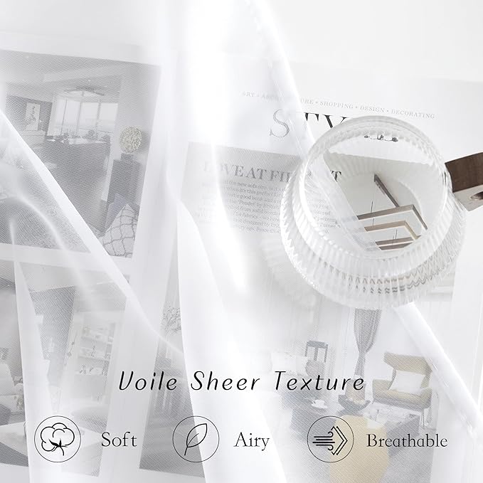 NICETOWN White Sheer Sliding Door Curtains 90 inches Long for Living Room, Grommet Elegant Soft Voile Sheer Textured Airy & Breathable Window Treatments for Bedroom, W66 x L90, 2 Panels